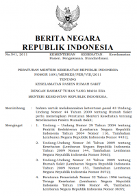 PERATURAN MENTERI KESEHATAN REPUBLIK INDONESIA NOMOR 1691/MENKES/PER/VIII/2011 TENTANG KESELAMATAN PASIEN RUMAH SAKIT